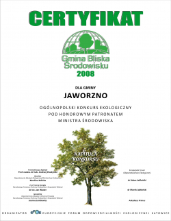Jaworzno, jako jedno z sześciu miast w Polsce, uhonorowane zostało certyfikatem Gmina Bliska Środowisku 2008.