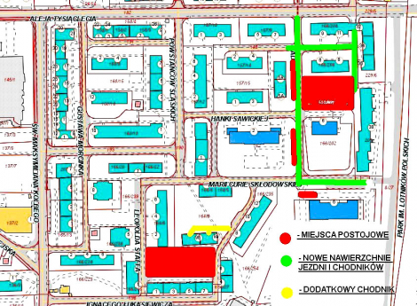 Mapa starej części Osiedla Stałego, na której zaznaczony jest dokładny zakres prac.