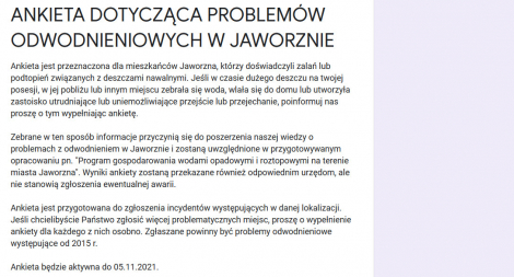 Uzupełnij ankietę dot. problemów odwodnieniowych w Jaworznie